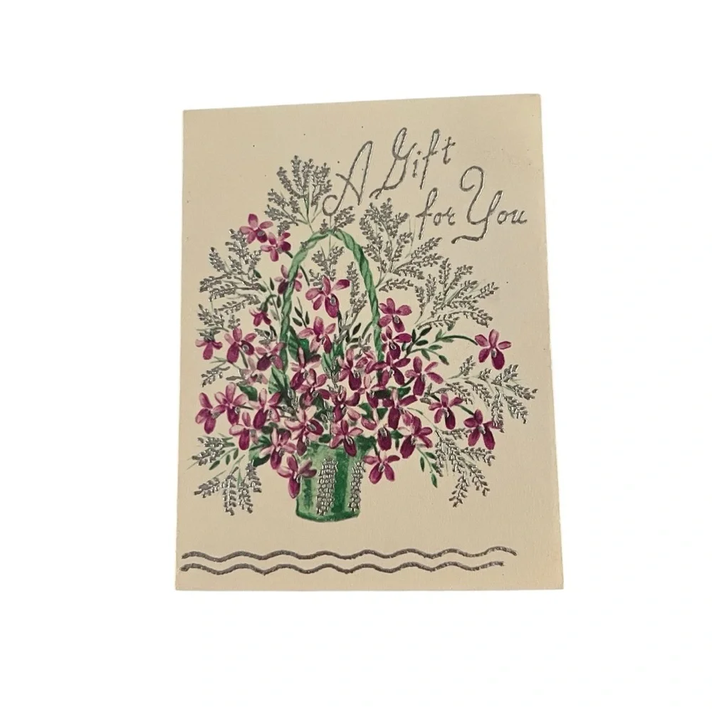 Vintage Unused Greeting Card A Gift For You Green Purple Flowering Plant